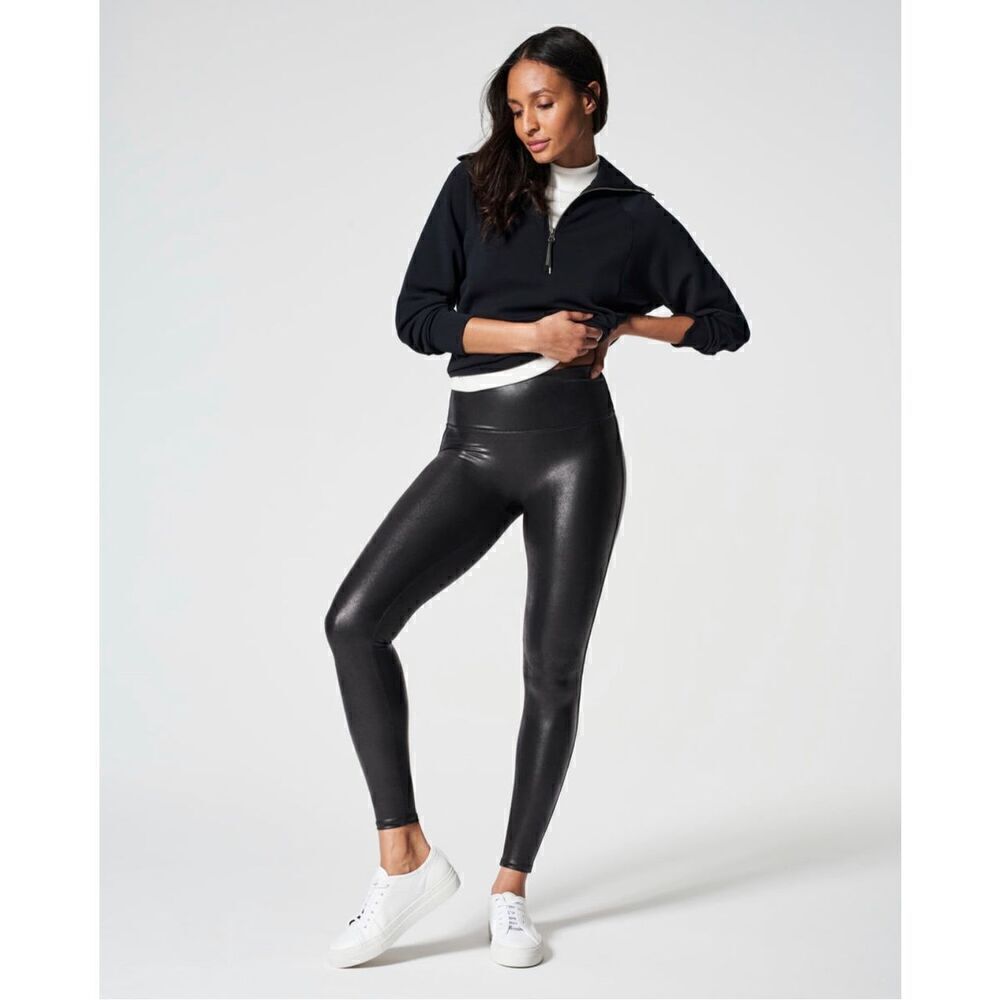 Spanx Faux Leather Black High Waisted Leggings Womens Size Medium Stretch